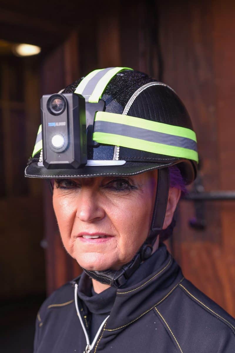 Woman wearing Equestrian helmet camera, CF-1 FRONT LIGHT