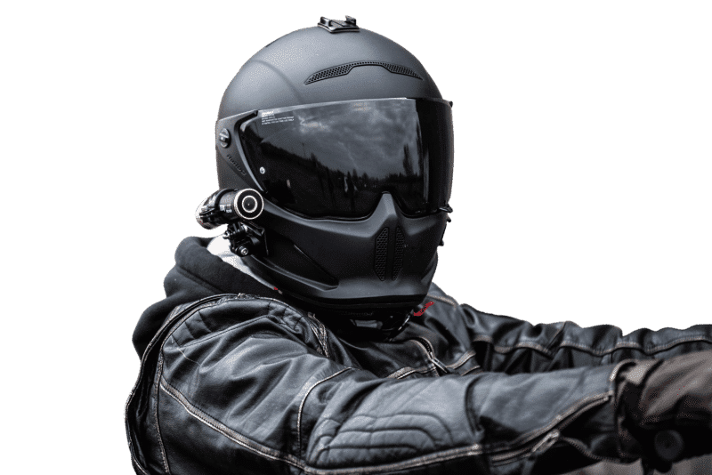 Man wearing Black Motorbike Helmet with a coloured DC-1 Dual Lens Helmet Camera
