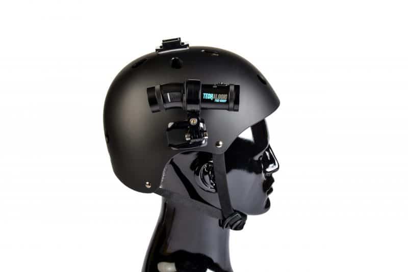 Black bike helmet with DC-1 Dual Lens attached