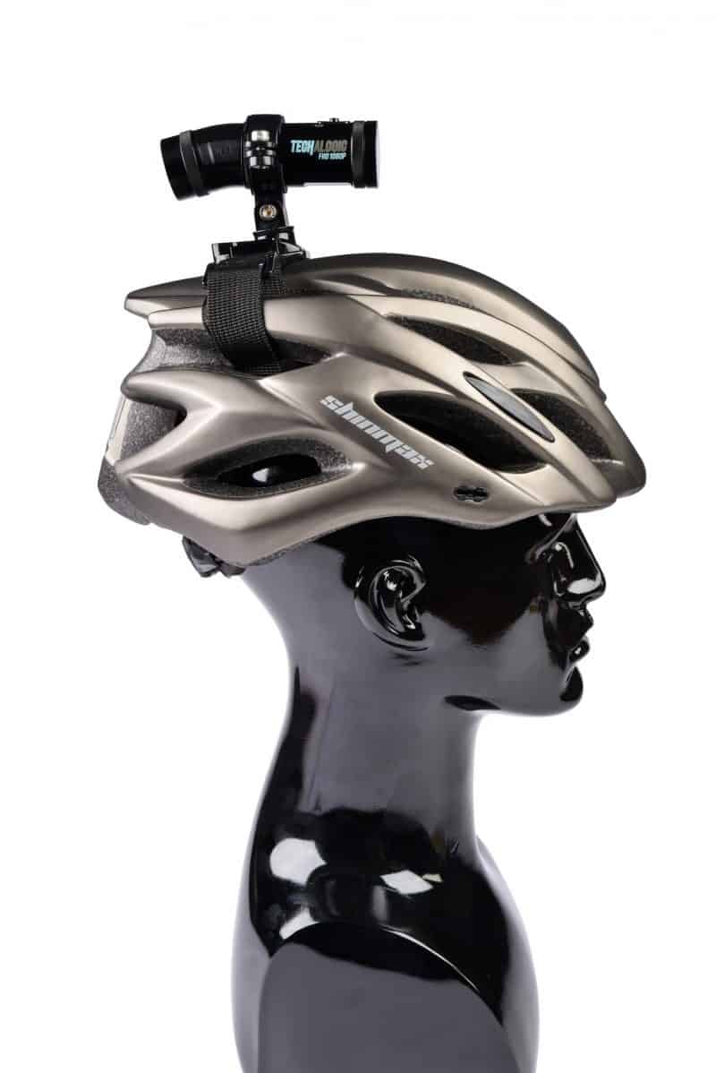 Grey bike helmet with DC-1 Dual Lens attached