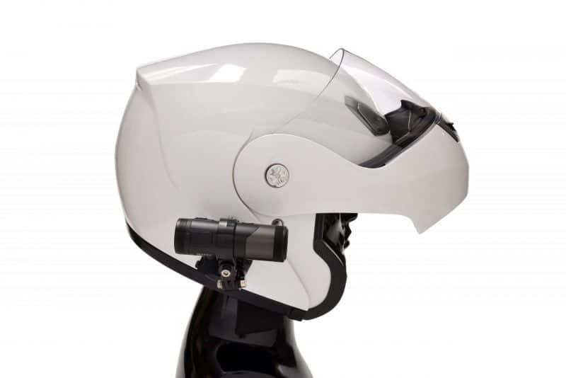 XV-1 2K QHD Helmet Camera attached to white motorbike helmet