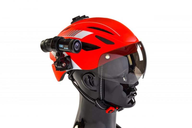 Red bike helmet with visor has DC-1 Dual Lens attached