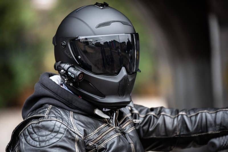 Black motorbike helmet with DC-1 Dual Lens Helmet Camera