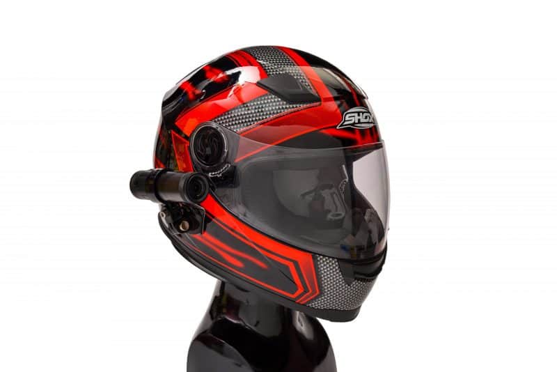 XV-1 2K QHD Helmet Camera Front view - Red and black motorbike helmet