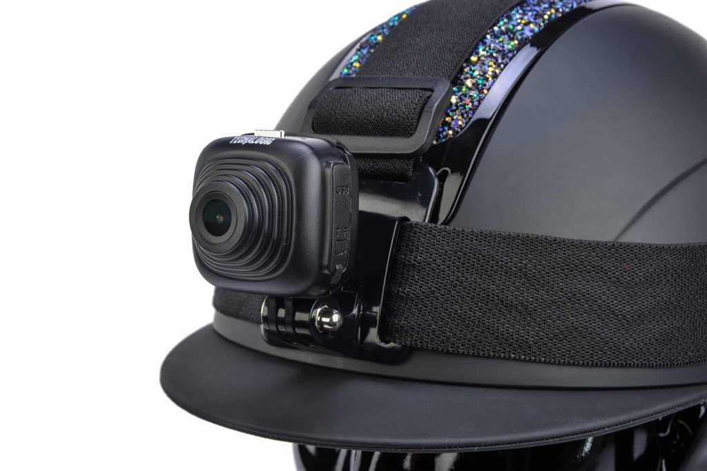 Cyclist with Techalogic HC-1 camera system mounted on a horse riding helmet