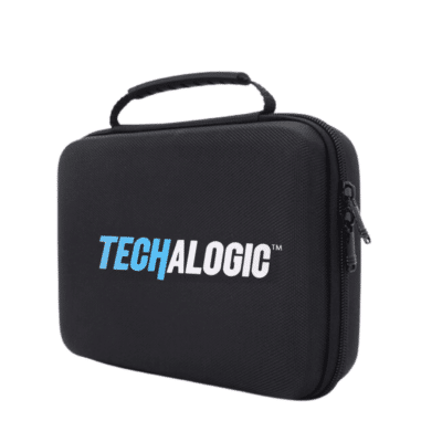 A black zippered case with a handle on top and the "TECHALOGIC" logo in blue lettering on the side.