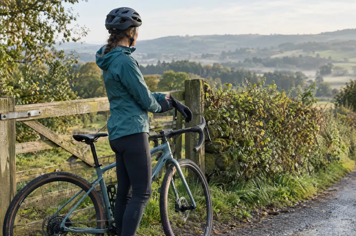 Cyclist preparing for a ride beside a quiet countryside lane