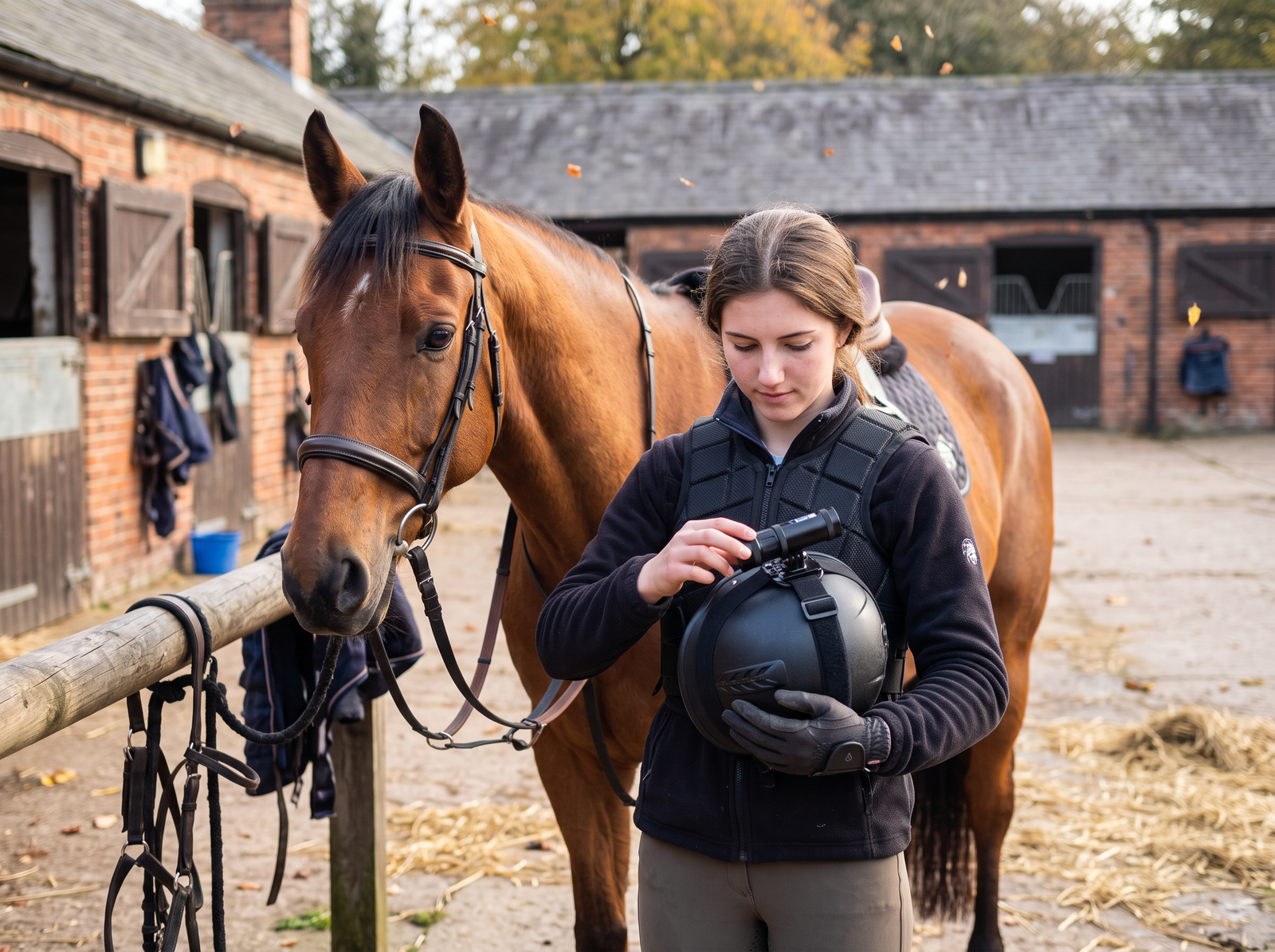 Rider at the yard checking the Techalogic dual-lens camera on her riding hat beside her horse